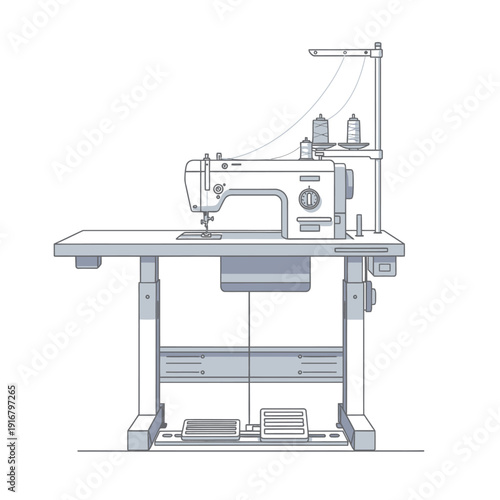 Industrial Sewing Machine with Spools and Foot Pedals on Table