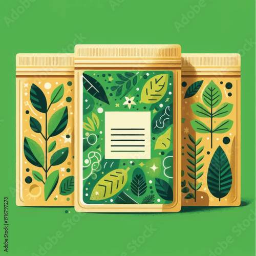 Three Containers with Leaf Designs and Label.