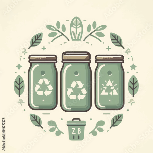 Three Green Recycling Jars with Symbols.