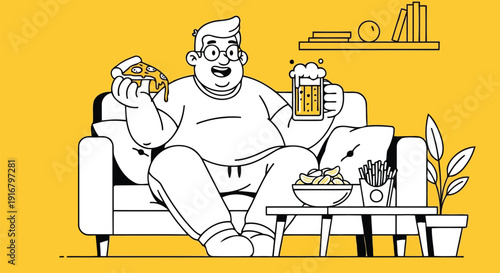 Overweight man eating pizza and drinking beer on sofa line art vector