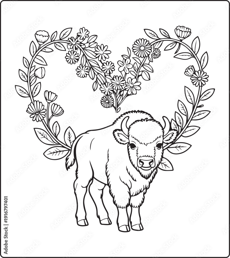Fototapeta premium Cute animal with beautiful flowers coloring page for kids and adults, black line art vector illustration for activity page or book design