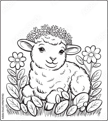 Cute animal with beautiful flowers coloring page for kids and adults, black line art vector illustration for 
activity page or book design