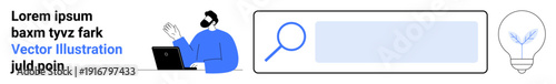 Online research, creativity, technology innovation, data exploration, idea generation, business solutions. Person at laptop, search icon and lightbulb. Online research and creativity concept