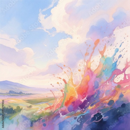 Abstract watercolor landscape with colorful splashes and clouds  