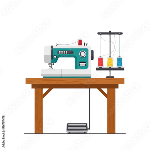 Modern Sewing Machine on Wooden Table with Colorful Thread Spools