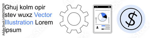 Technology, finance, analytics, process management, digital economy, data visualization. Gear icon, mobile phone screen with chart dollar symbol. Technology and finance concept
