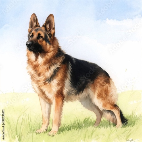 German Shepherd dog standing proudly in a grassy field  