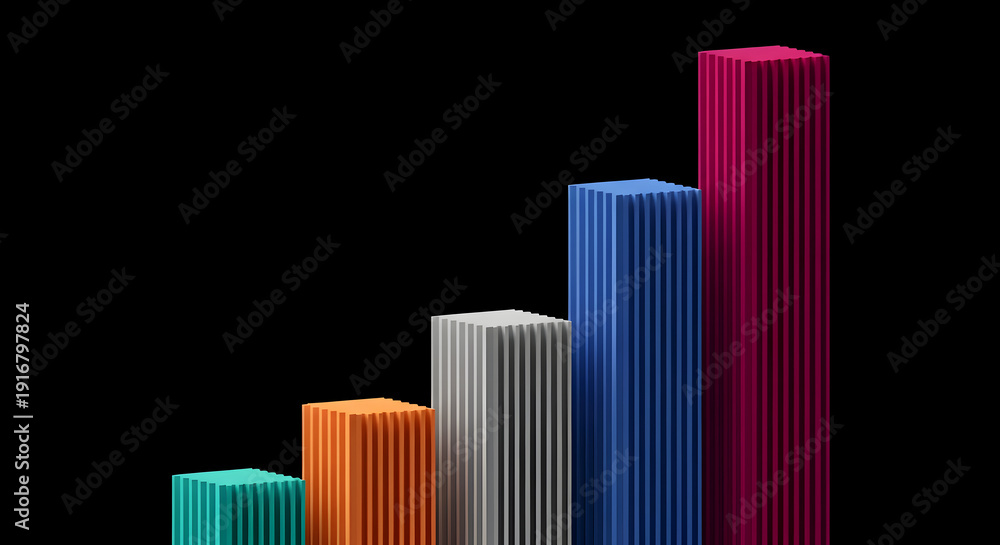 Obraz premium Ascending bar graph illustration in teal, orange, gray, blue, and magenta, set against a black backdrop, representing growth, progress, and data visualization concepts.