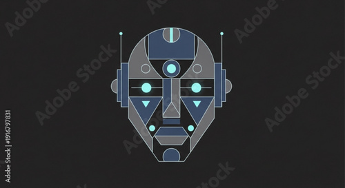 Cyborg head with glowing blue eyes on dark background futuristic robot illustration