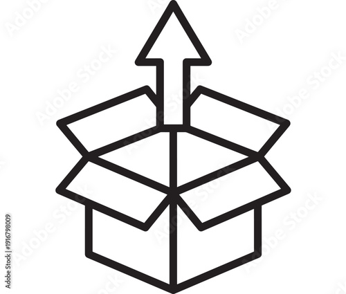 Open box icon with upward arrow symbolizing upload, unboxing, package delivery, product launch, data transfer, logistics and shipping concept in black outline