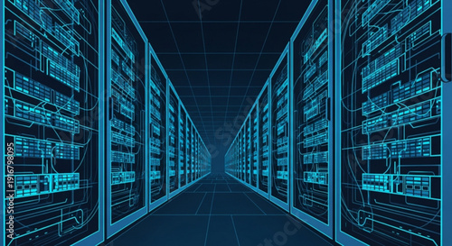 Futuristic server room with neon blue lighting and advanced computer systems in a dark data center environment