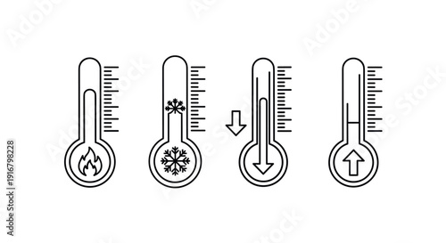 A simple line drawing showing thermometers measuring temperature changes from hot to cold and back to hot again