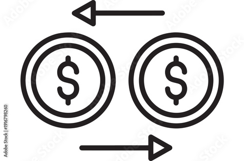 Currency exchange icon showing two dollar coins with opposite arrows, representing money transfer, forex trading, conversion rate, banking transaction and fintech payment flow