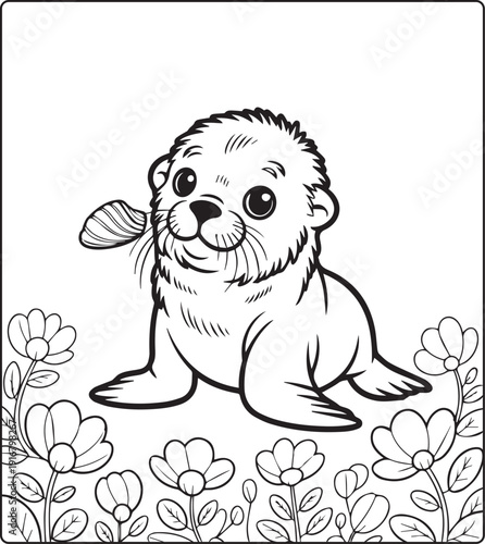Cute animal with beautiful flowers coloring page for kids and adults, black line art vector illustration for 
activity page or book design
