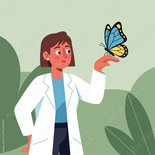 Scientist Woman Holding Butterfly Illustration.