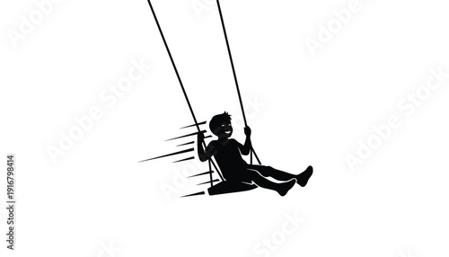 Simple black silhouette of a joyful child on a swing in motion.