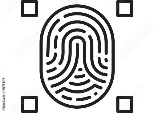 Fingerprint scan icon with scanner frame, biometric authentication symbol for identity verification, secure login, access control, cybersecurity and privacy concept