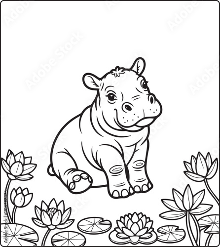Cute animal with beautiful flowers coloring page for kids and adults, black line art vector illustration for 
activity page or book design