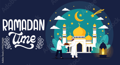 Ramadan Night Scene With Mosque And People.