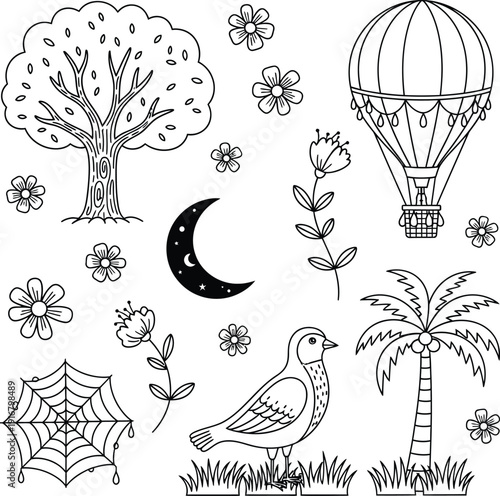 Whimsical nighttime scene with hot air balloon and moon