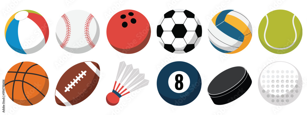 Obraz premium Flat Sports Balls Icon Set, Minimal Vector Graphics Depicting Football, Basketball, Tennis, Baseball, and Recreation Equipment for Sports, Fitness, and Game Design