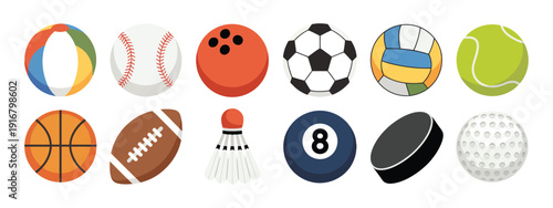 Flat Sports Balls Icon Set, Minimal Vector Graphics Depicting Football, Basketball, Tennis, Baseball, and Recreation Equipment for Sports, Fitness, and Game Design