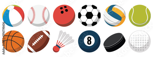 Flat Sports Balls Icon Set, Minimal Vector Graphics Depicting Football, Basketball, Tennis, Baseball, and Recreation Equipment for Sports, Fitness, and Game Design