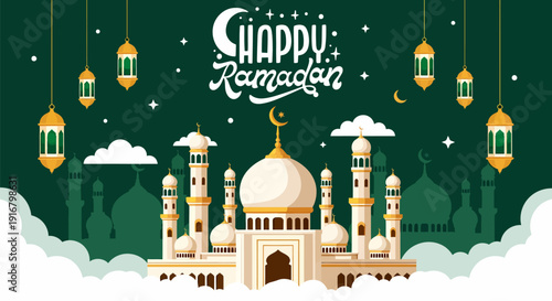 Majestic mosque with domes and minarets in Ramadan scene.