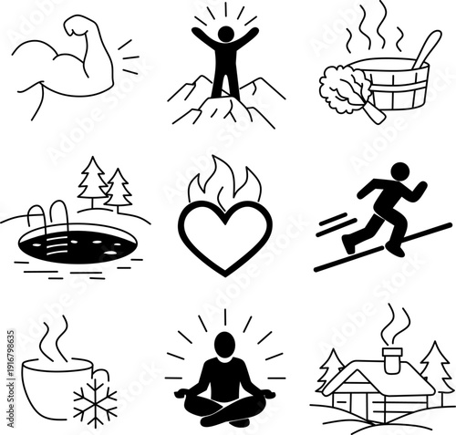 Sisu icon set depicting finnish resilience and grit. Black outline vector illustration for national day