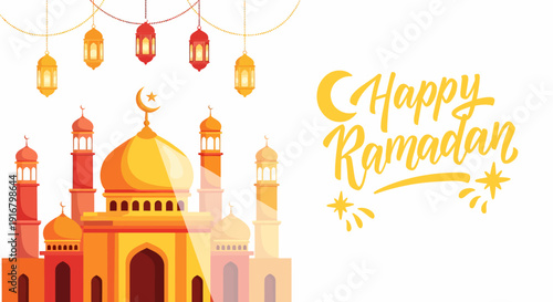 Majestic Mosque with Ramadan Lanterns Illustration.