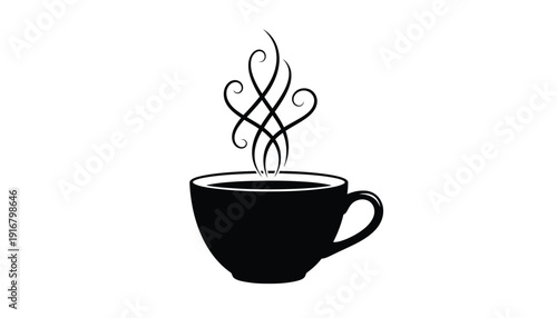 Simple black silhouette icon of a hot coffee cup with decorative swirling steam.