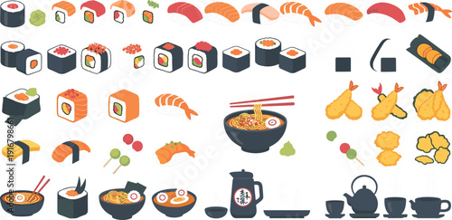 Professional vector illustration mega set featuring diverse sushi rolls, nigiri, ramen bowls, tempura, onigiri, dango, and traditional tea service for Japanese culinary branding