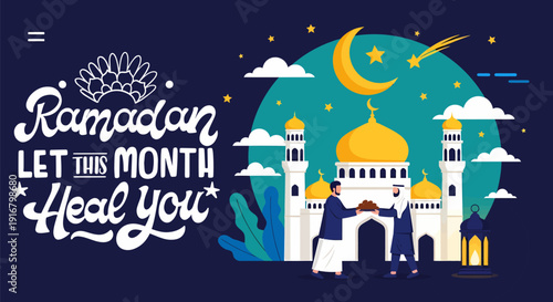 Ramadan celebration with mosque illustration.
