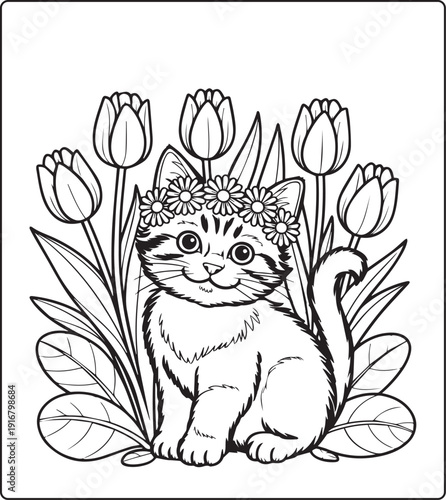 Cute animal with beautiful flowers coloring page for kids and adults, black line art vector illustration for 
activity page or book design