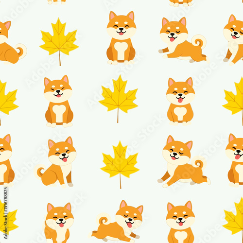 Shiba Inu Dog Pattern with Leaves.