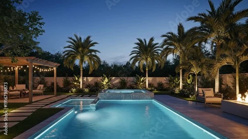 Wallpaper Mural Illuminated swimming pool reflects the night sky in a luxurious backyard. Torontodigital.ca