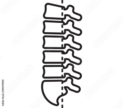 Spine and vertebrae icon in black outline showing spinal column anatomy and posture alignment concept, isolated on white background for medical and healthcare design