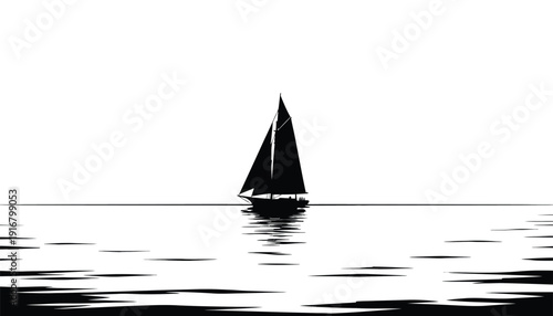 Black silhouette of a single sailboat on the open water.