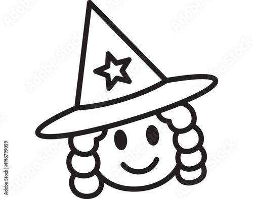 Wizard face icon with pointed hat and star symbol, simple black outline doodle style illustration isolated on white background for magic, fantasy and kids design
