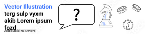 Strategy, financial planning, problem-solving, decision-making, investment, communication. Speech bubble with question mark, chess knight and coins. Strategy and financial planning concept