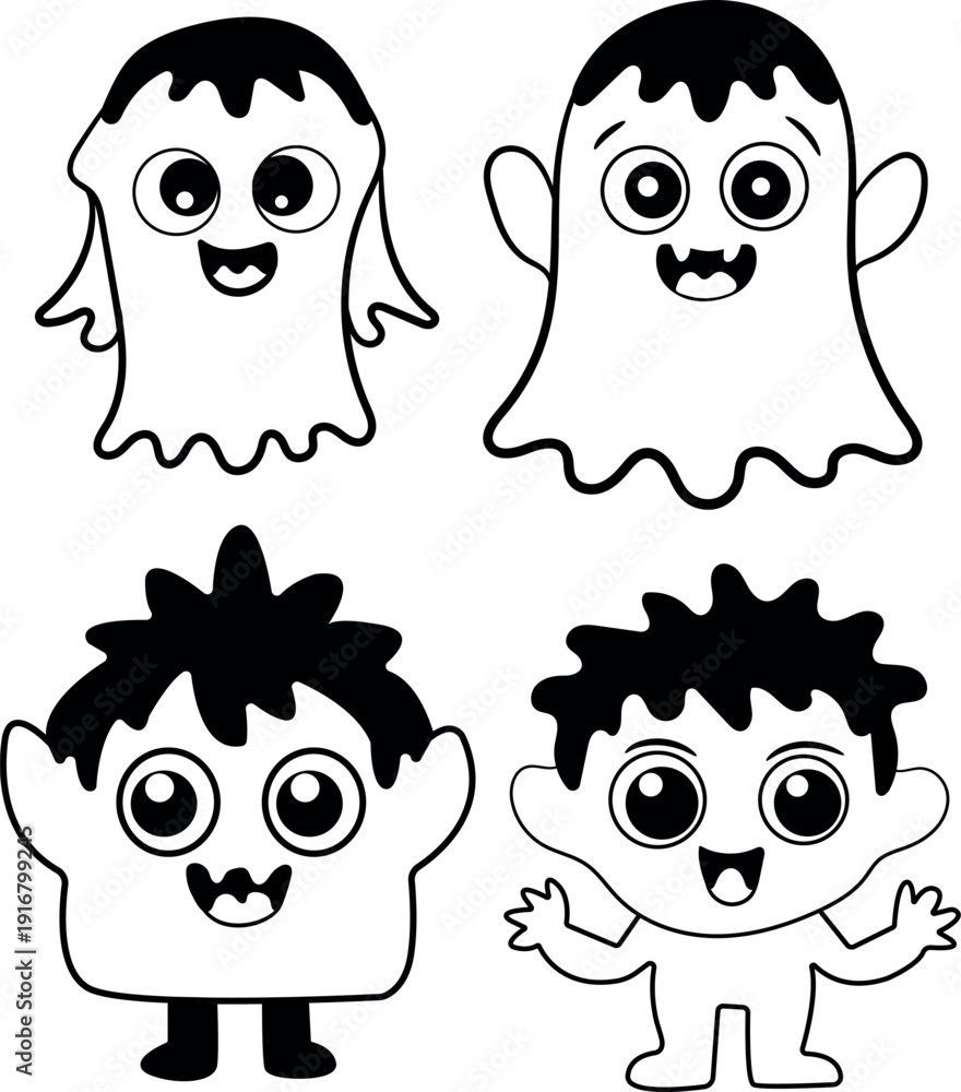 Fototapeta premium Cute Halloween Ghost And Monster Character Vector Set