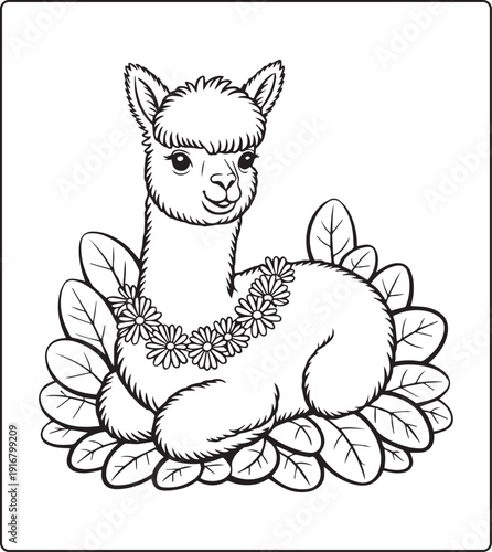 Cute animal with beautiful flowers coloring page for kids and adults, black line art vector illustration for 
activity page or book design