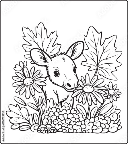 Cute animal with beautiful flowers coloring page for kids and adults, black line art vector illustration for 
activity page or book design