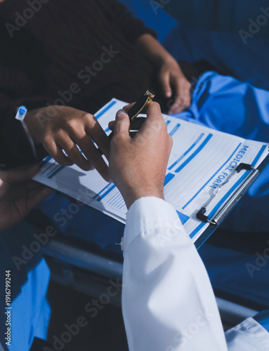 Obraz na plátně Man with abdominal pain, bloating, diarrhea goes to the doctor at medical clinic