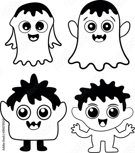 Cute Halloween Ghost And Monster Character Vector Set