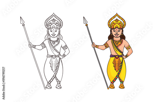 Traditional Indian Hindu god character holding a spear weapon. Set includes colored cartoon and black and white line art coloring page. Great for kids' education and cultural activities