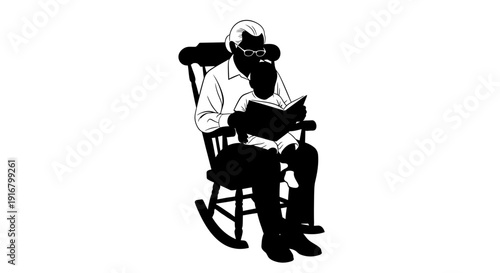 Elderly man sitting in a rocking chair reading a book in a relaxed pose with a thoughtful expression on his face