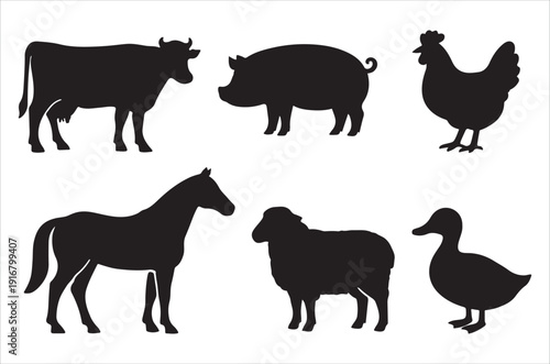 Black silhouettes of a cow pig horse chicken sheep and duck depict farm animals