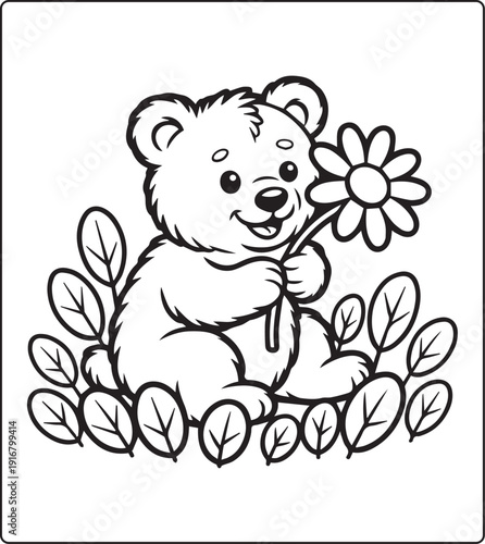 Cute animal with beautiful flowers coloring page for kids and adults, black line art vector illustration for 
activity page or book design