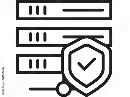Server security icon showing protected database stack with shield and checkmark, line style vector illustration for cybersecurity, data protection, hosting and IT safety.